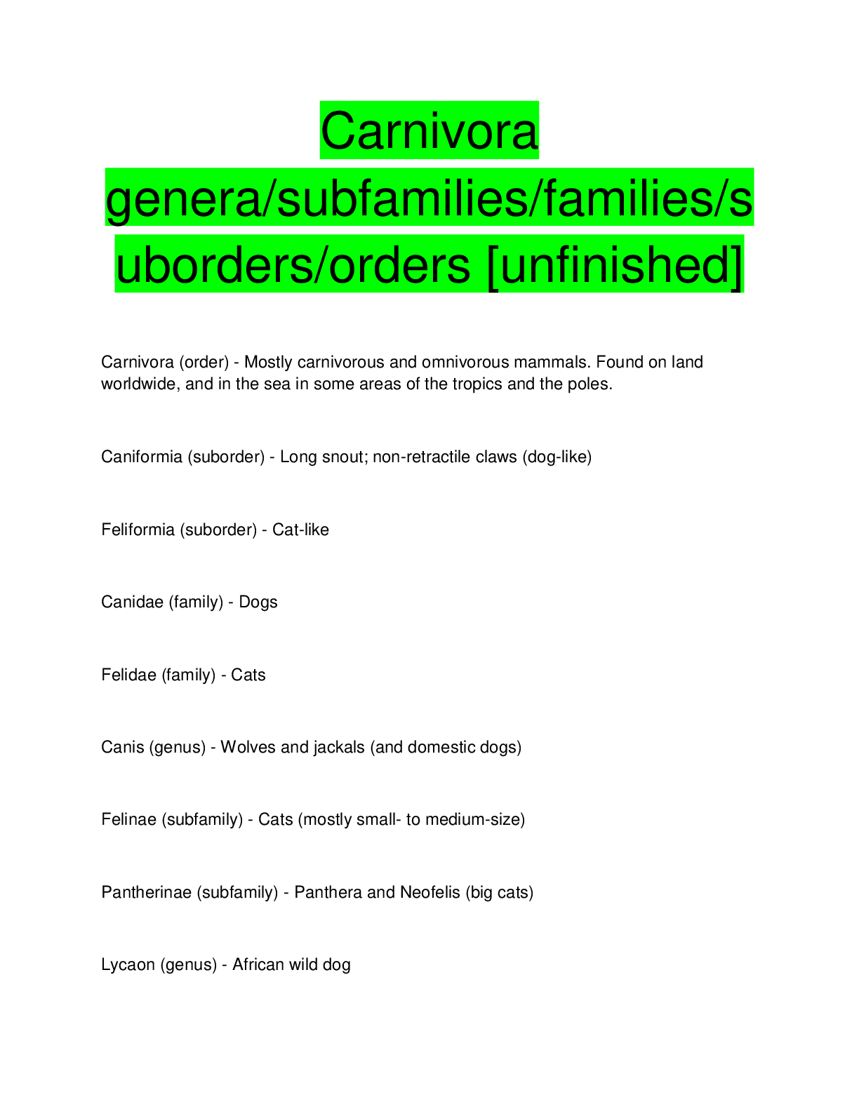 Preview image for Carnivora  genera/subfamilies/families/s uborders/orders [unfinished]